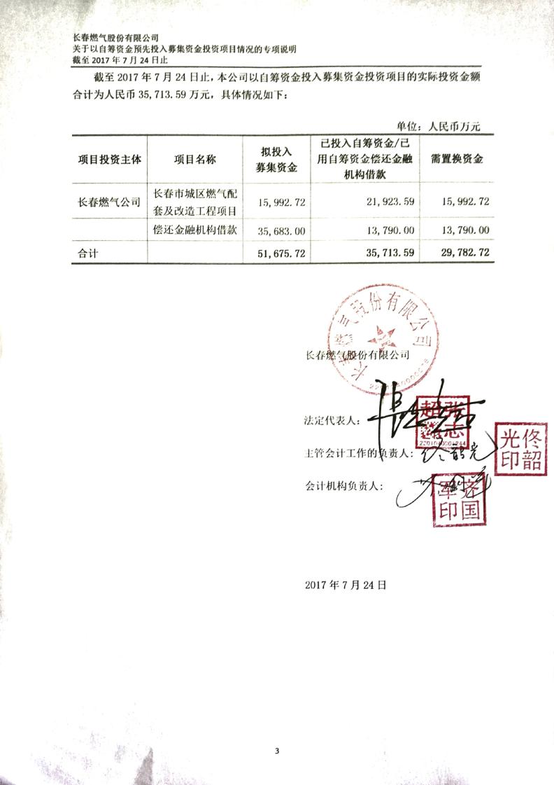 长春燃气:信永中和会计师事务所关于公司以自筹资金预先投入募集资金