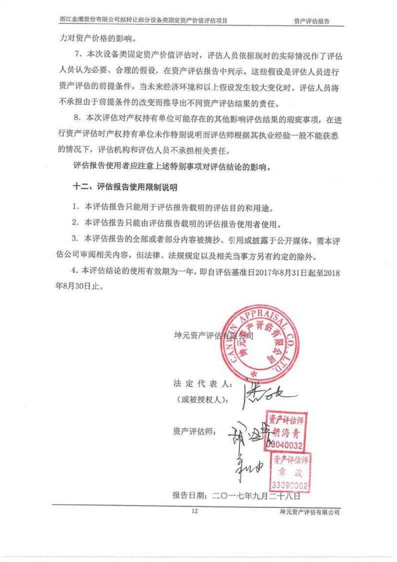 金鹰股份:拟转让部分设备类固定资产价值评估项目资产评估报告