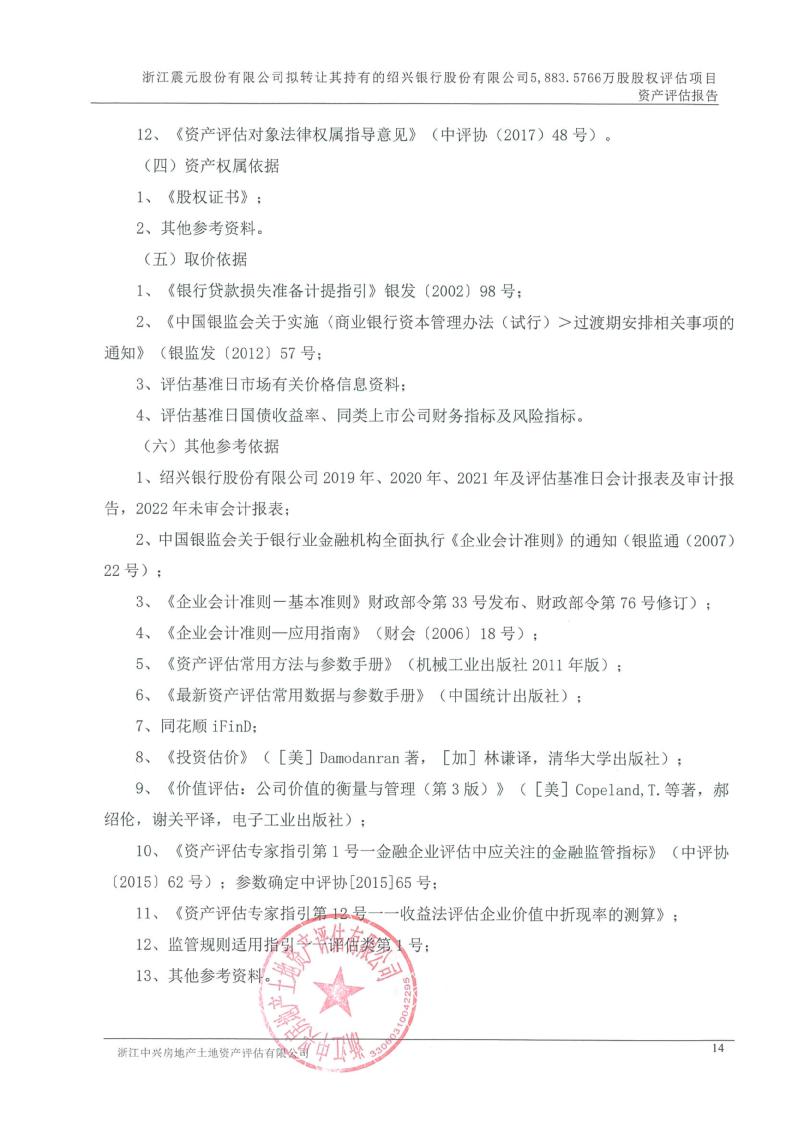 浙江震元：绍兴银行《资产评估报告书》（浙中兴评[2023]0075号）